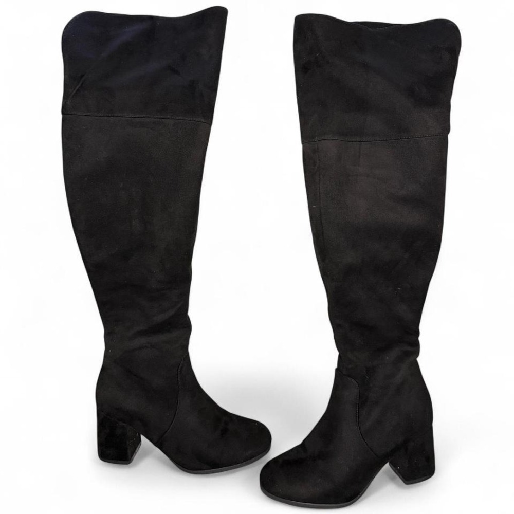 Black suede knee-high block heel boots size 7 seven WIDE